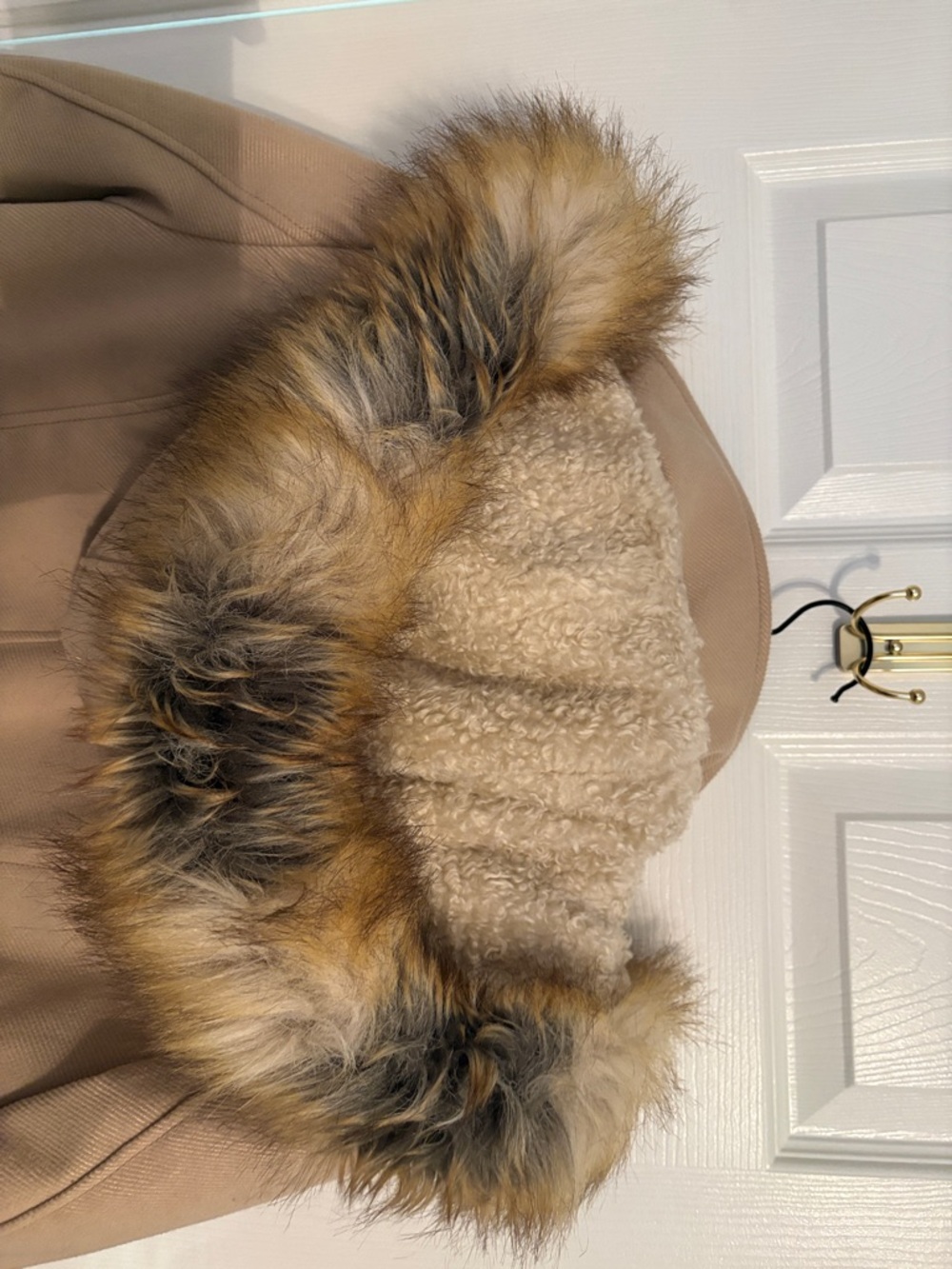 Beige Hooded Trench Coat with Faux Fur Trim - Picture 2 of 3